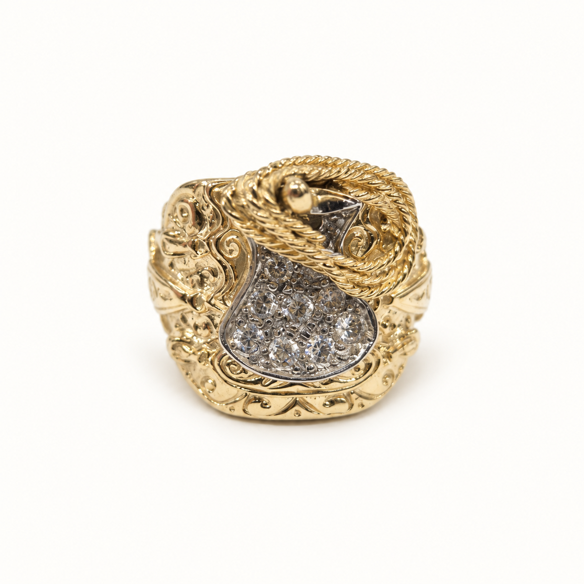 9ct Gold Ornate Rope CZ Ring — front view
