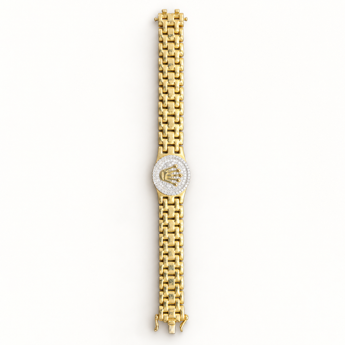 9ct gold Presidential style crown bracelet with CZ surround on ivory