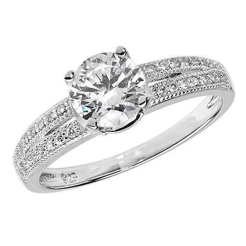 Sterling Silver CZ Solitaire With Pavé Set Shoulders Ring - G7428