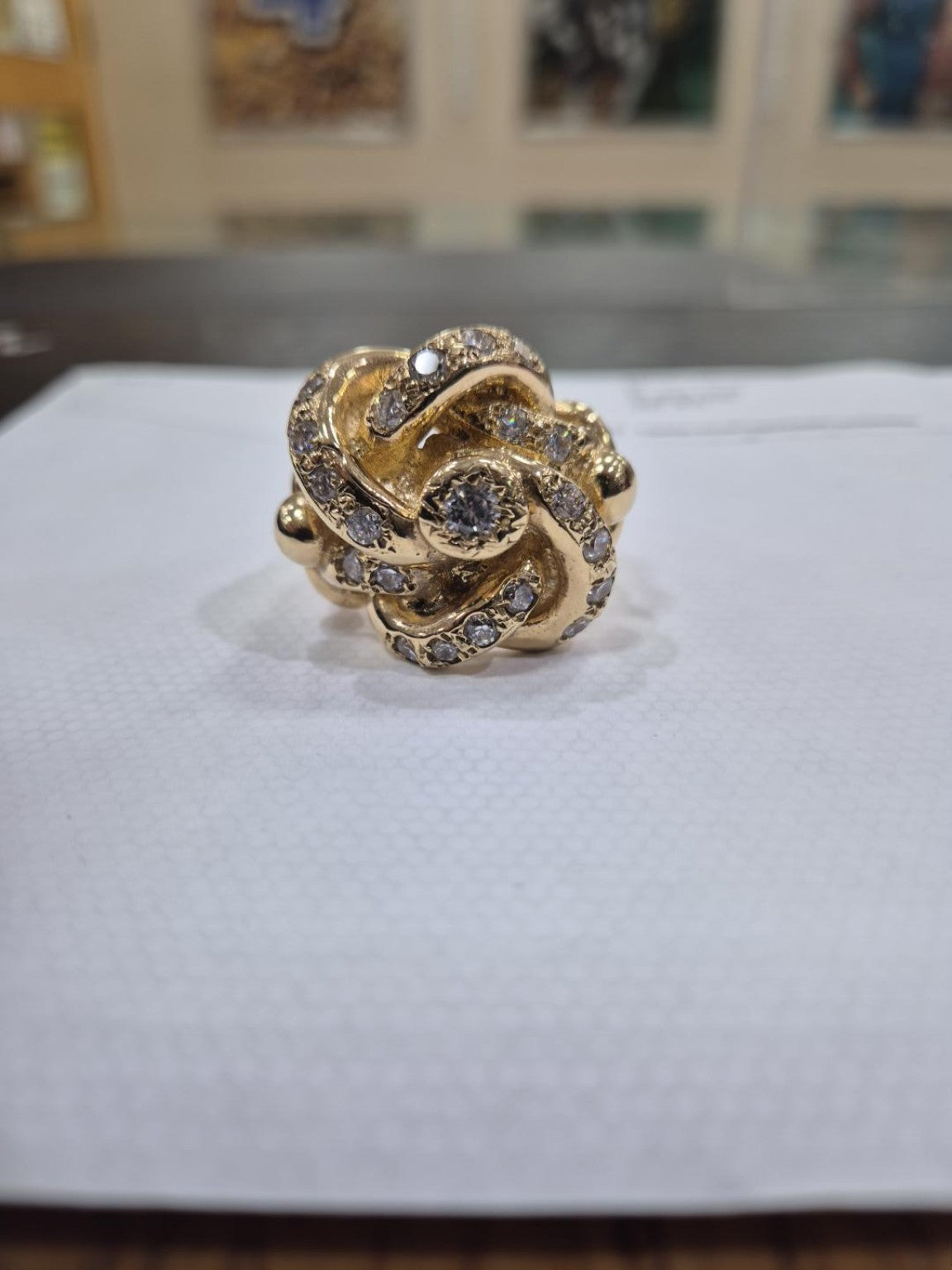 Original front view of 9ct gold lovers knot CZ ring