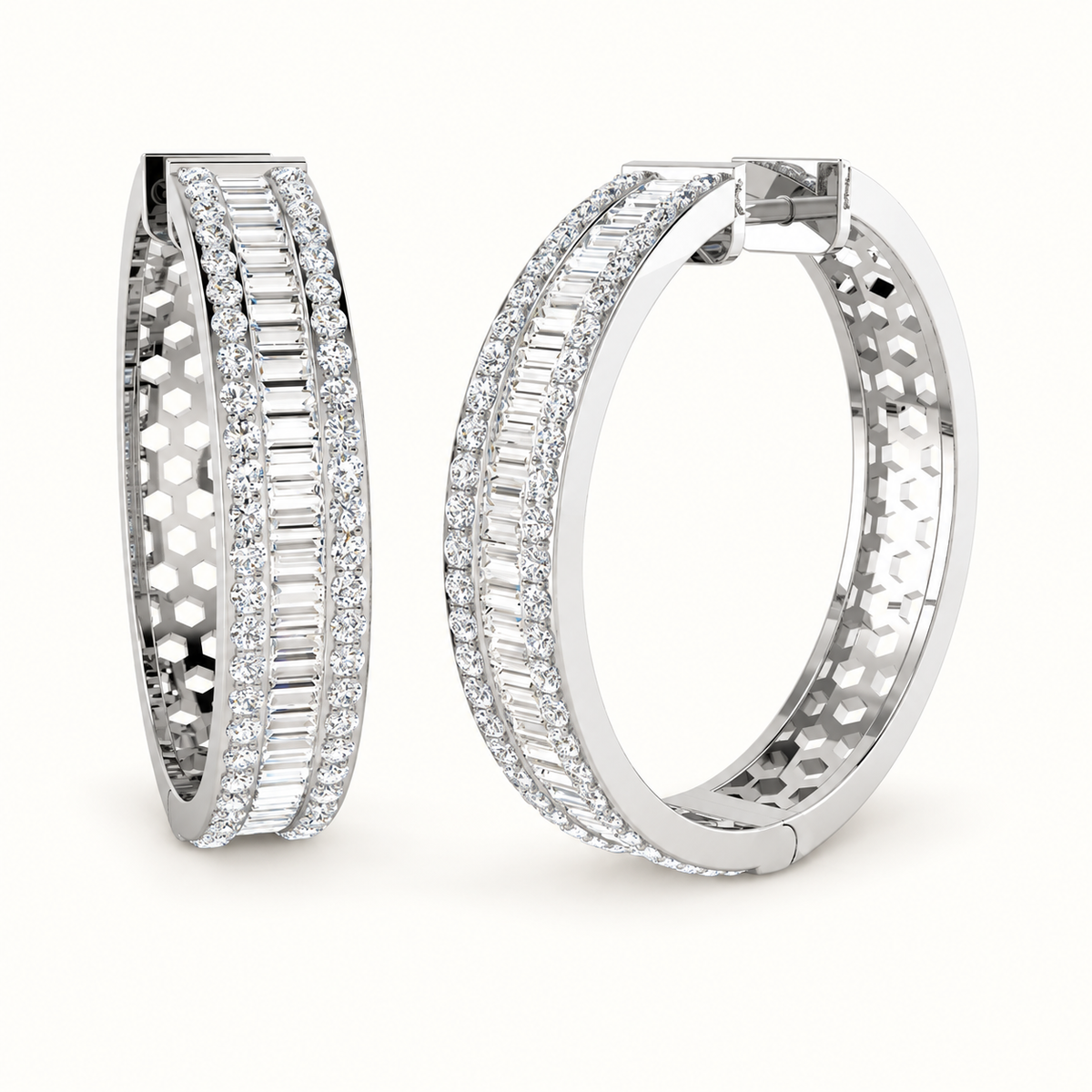 Large silver CZ hoop earrings on pale ivory