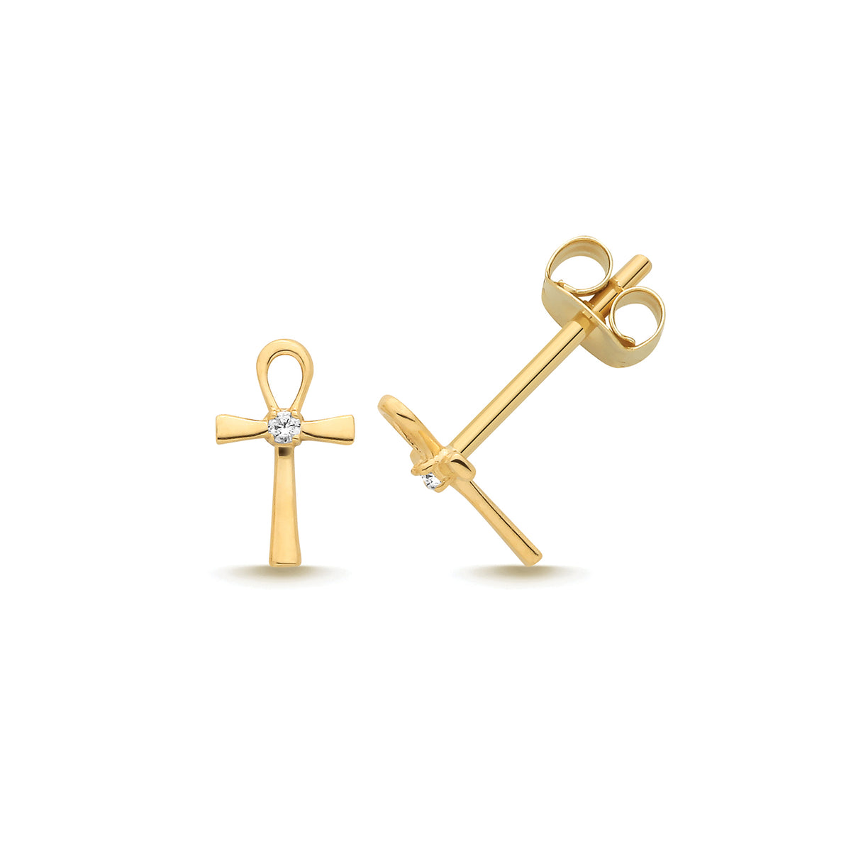 9ct Yellow Gold CZ Egyptian Ankh Cross Stud Earrings - ES2230