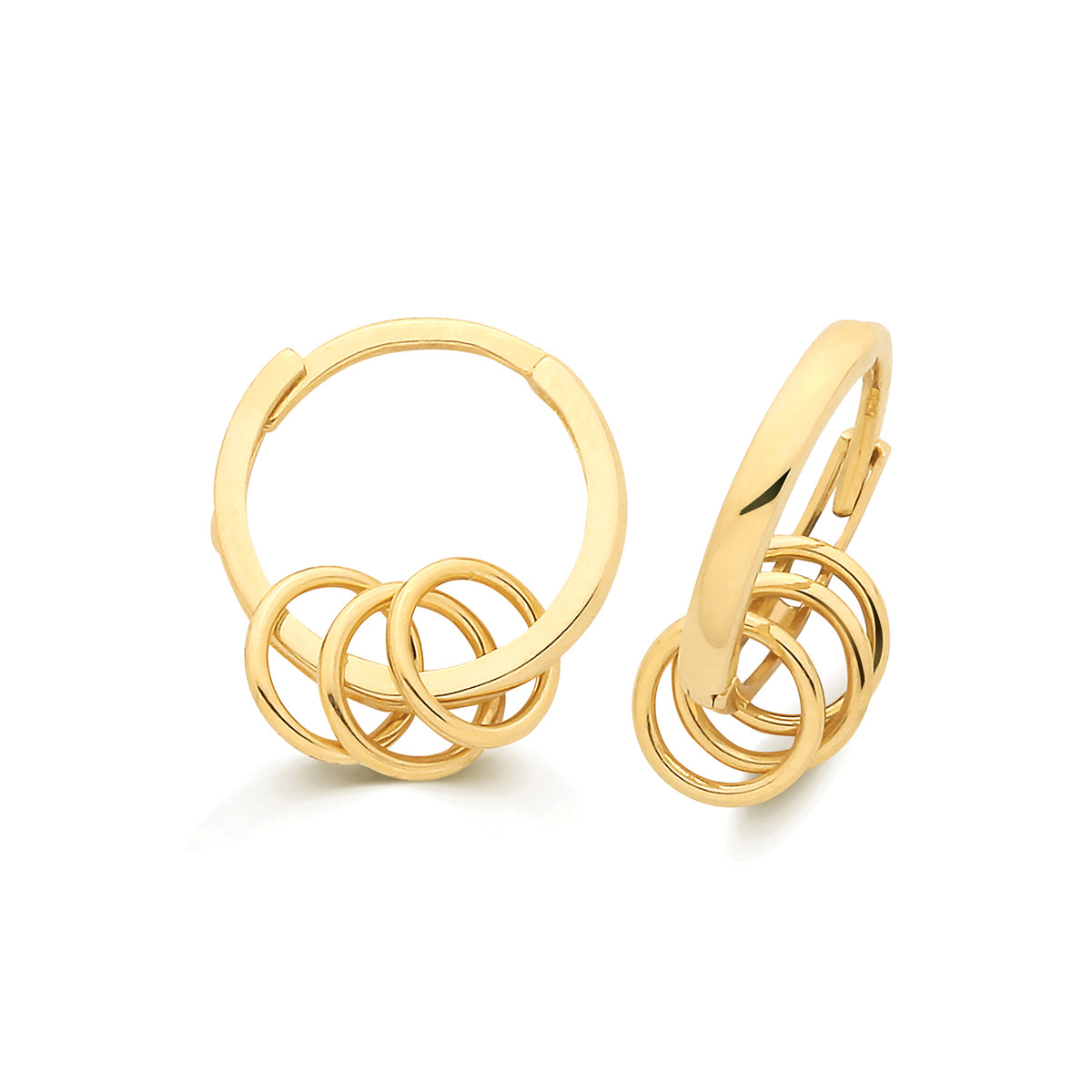 9ct Yellow Gold Hinged Hoops W/ Triple Ring Charms Earrings - ES2237