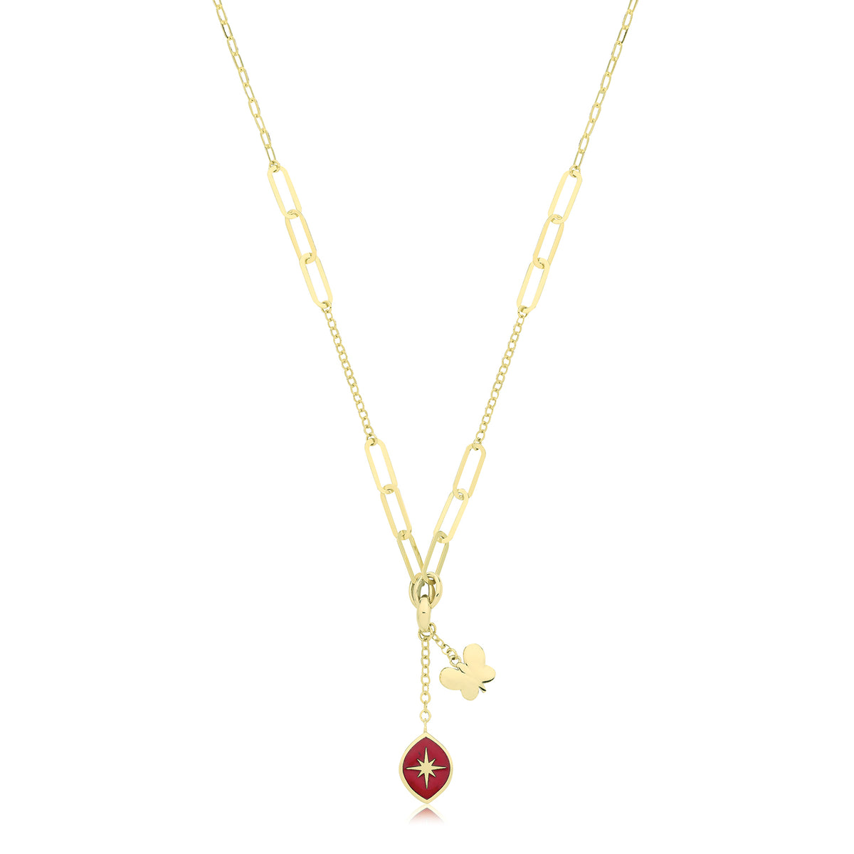 9ct Yellow Gold Red Enamel North Star / Butterfly Necklet - NK497