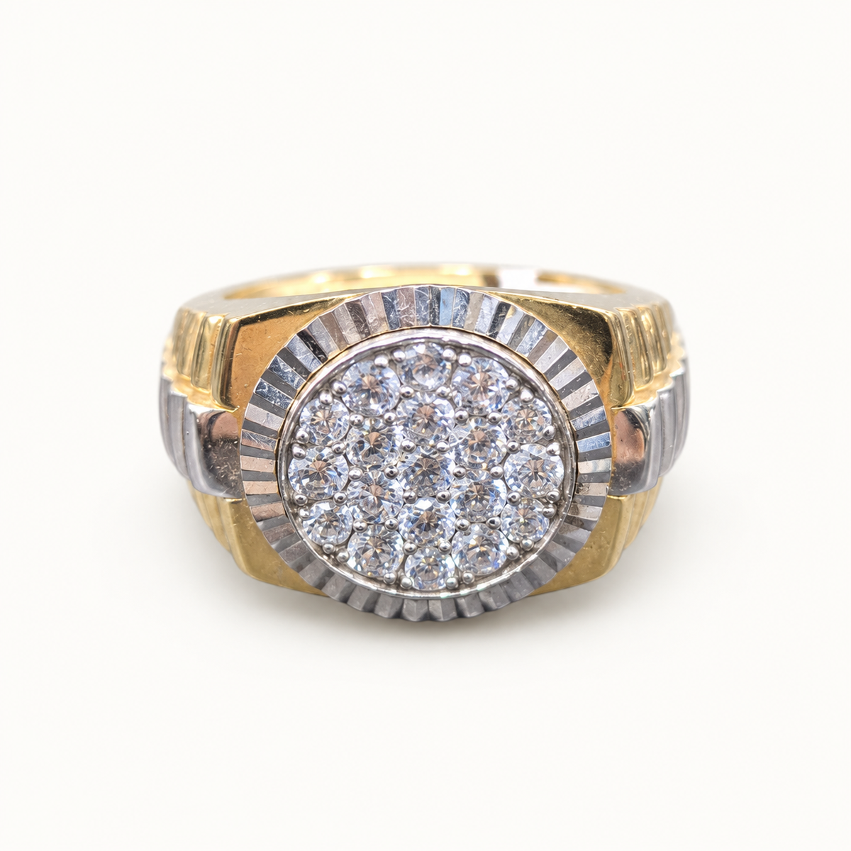 9ct yellow gold Presidential ring with rhodium sides and cluster CZ face on ivory