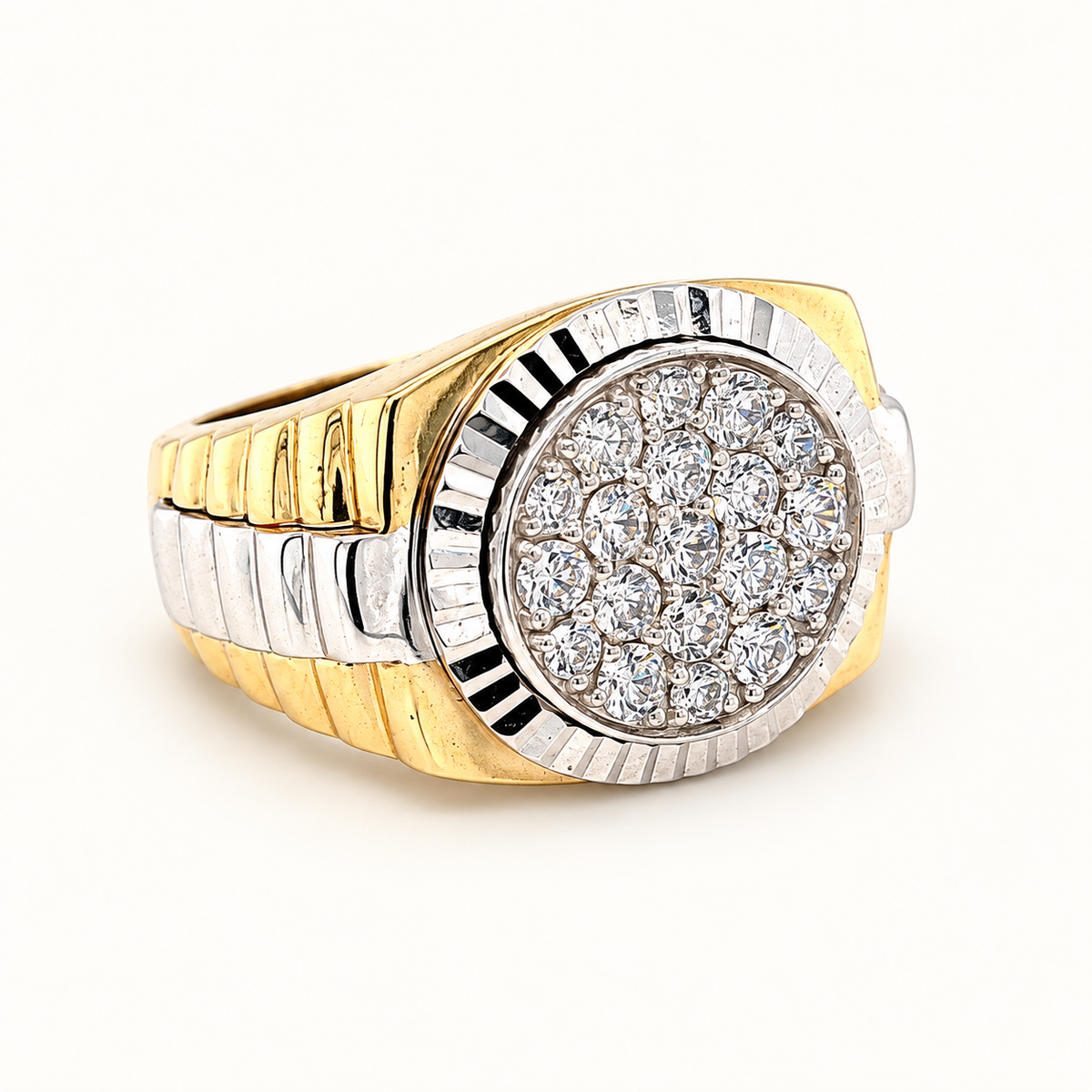 Side view of 9ct gold Presidential ring with CZ cluster on ivory