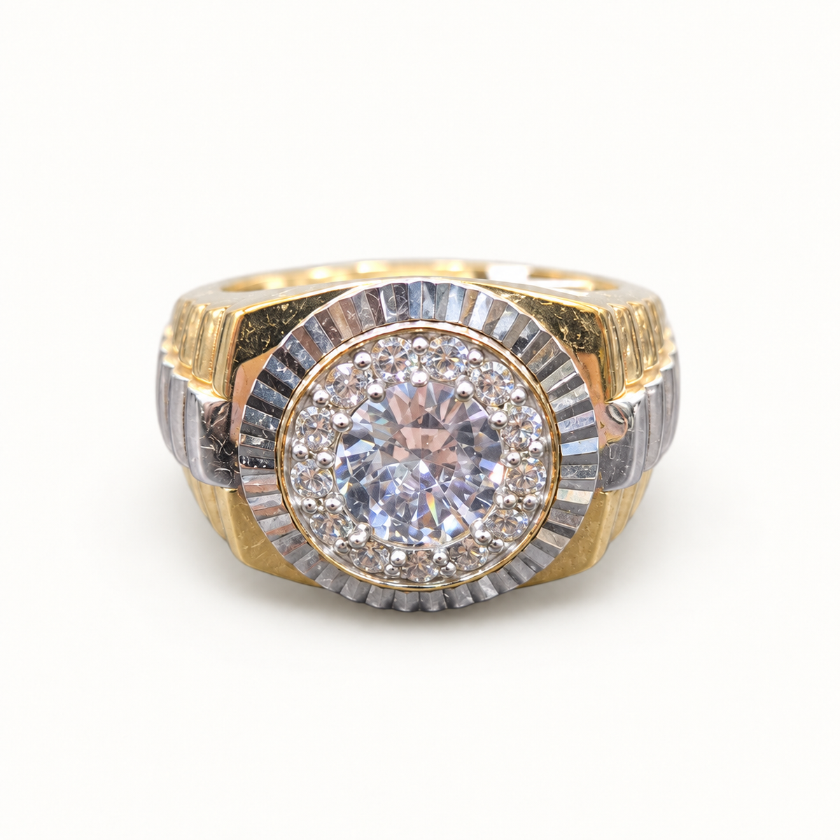 9ct yellow gold Presidential ring with rhodium sides, large centre CZ and halo on ivory