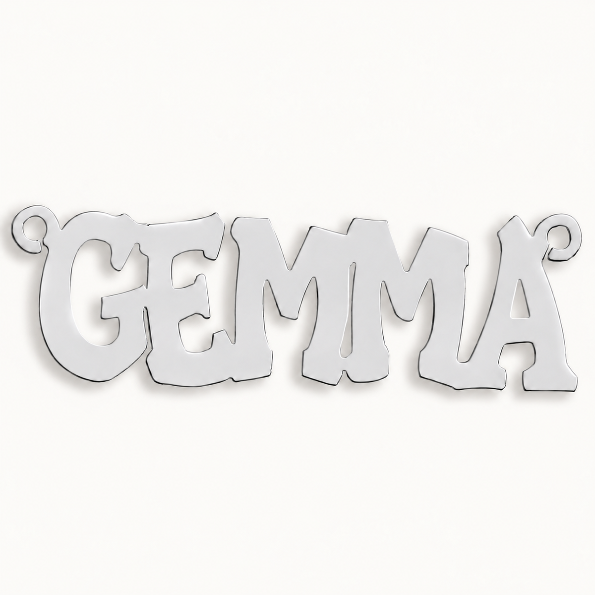 Sterling silver Large Hip Hop Style personalised nameplate, example Gemma, illustrative image on pale off-white background