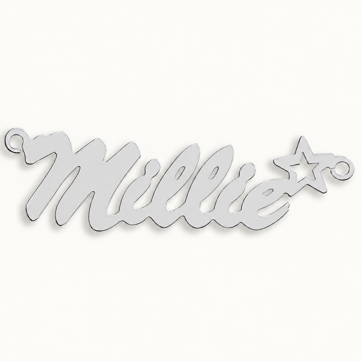 Sterling silver Script Star personalised nameplate, example Millie, illustrative image on pale off-white background