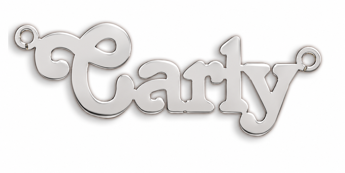 Sterling silver Medium Terra personalised nameplate, example Carly, illustrative image