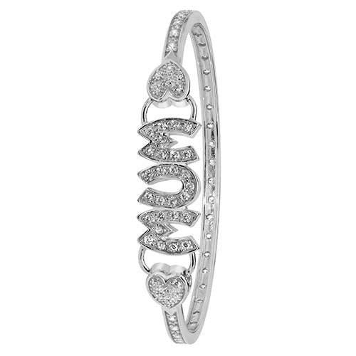Sterling Silver CZ Mum and Heart Hinged Oval Bangle G4035
