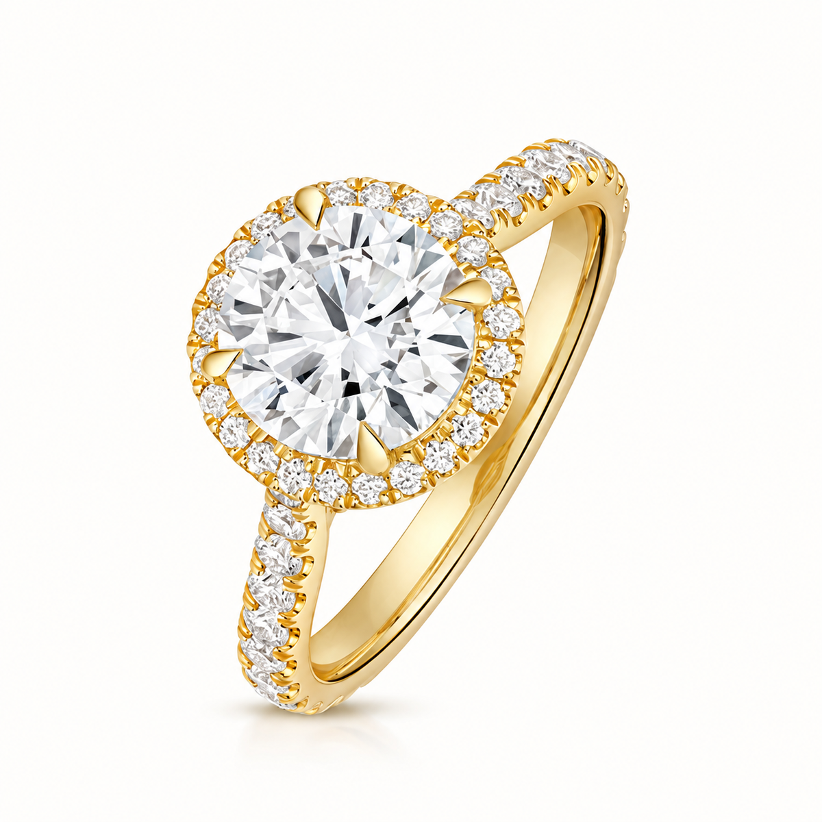 18ct yellow gold round halo lab diamond engagement ring front view
