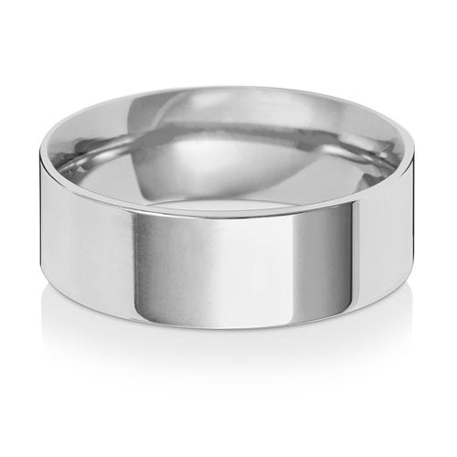 Flat Court Wedding Band 7mm in white gold, lying flat