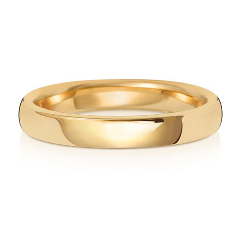 Soft Court Wedding Band 3mm in yellow gold, lying flat