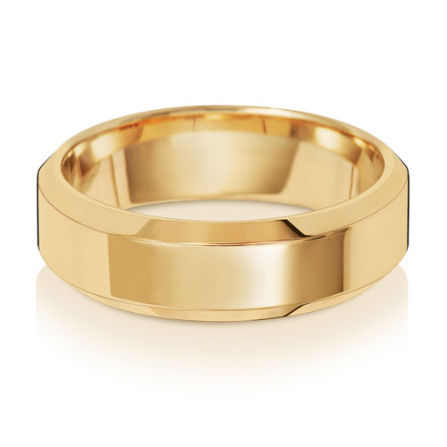 Bevelled Edge Wedding Band 6mm in yellow gold, lying flat