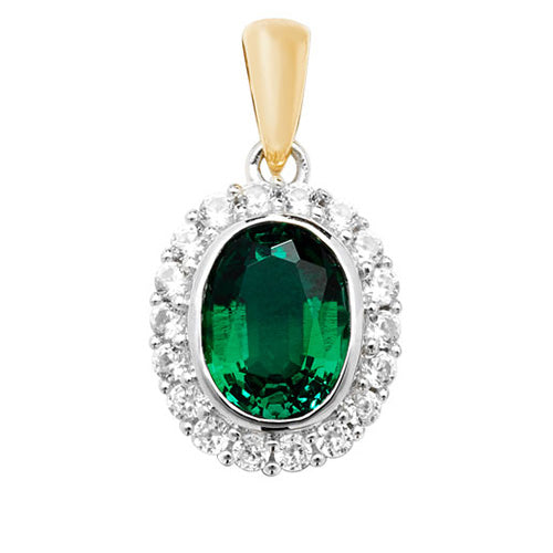 9ct Gold Oval Created Emerald and White Sapphire Pendant - PN1203E