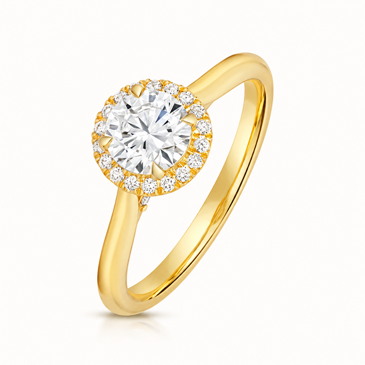 18ct Gold 0.75ct Round Lab Diamond Halo Engagement Ring yellow gold front view