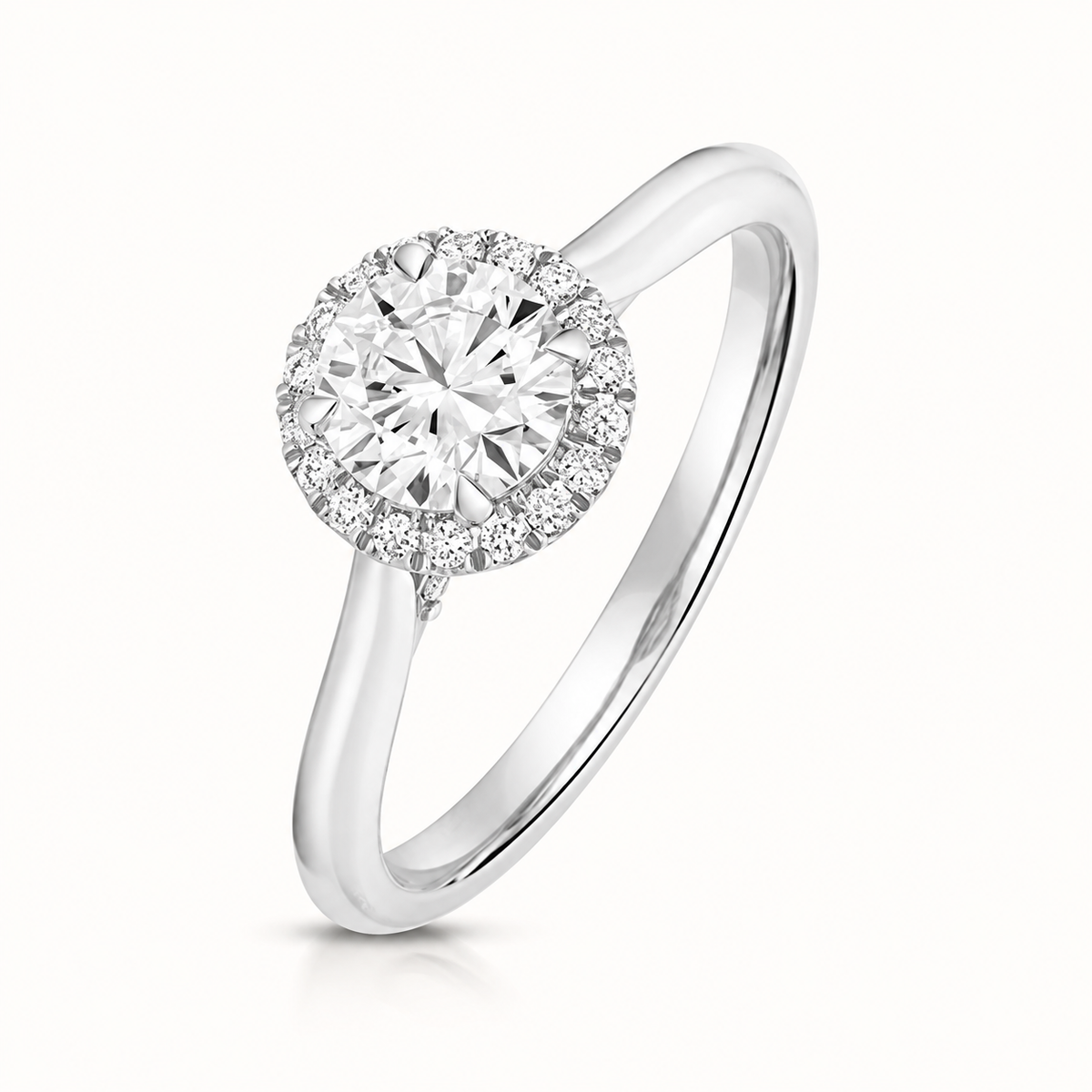 18ct Gold 0.75ct Round Lab Diamond Halo Engagement Ring white gold front view