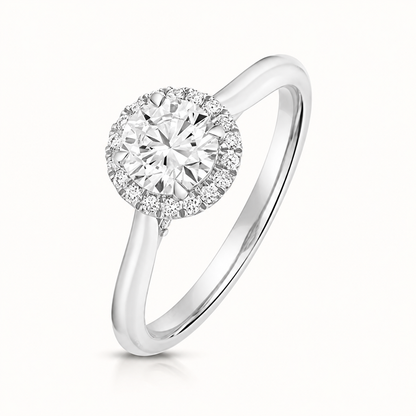 18ct Gold 0.75ct Round Lab Diamond Halo Engagement Ring white gold front view