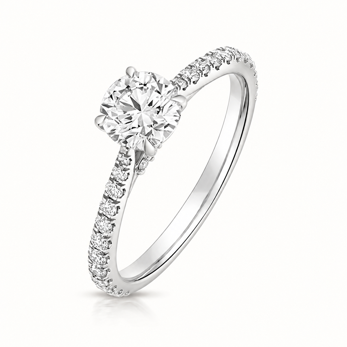 18ct Gold 0.75ct Round Lab Diamond Solitaire Engagement Ring with Diamond Shoulders white gold front view
