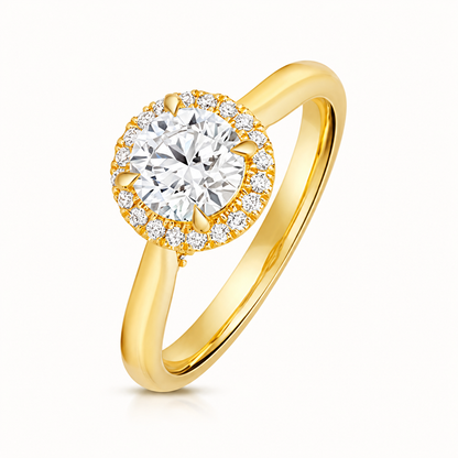 18ct Gold 1.00ct Round Lab Diamond Halo Engagement Ring yellow gold front view