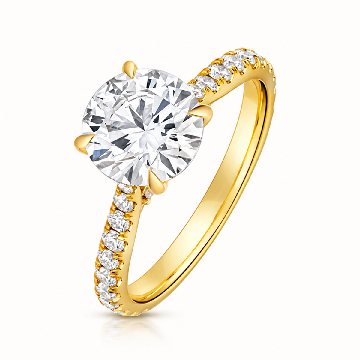 18ct Gold 2.00ct Round Lab Diamond Solitaire Engagement Ring with Diamond Shoulders yellow gold front view