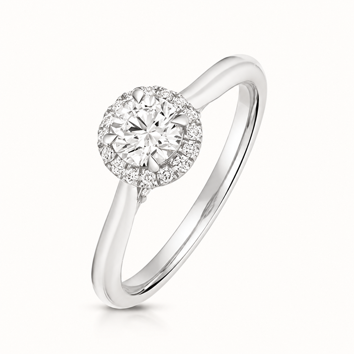 18ct Gold 0.50ct Round Lab Diamond Halo Engagement Ring white gold front view