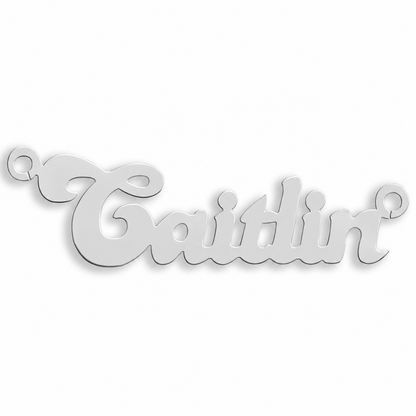 9ct white gold Small Banana Nameplate example with name the centrepiece. The Small Banana nameplate is personalised in 9ct yellow or white gold, with a loop at each end for a chain