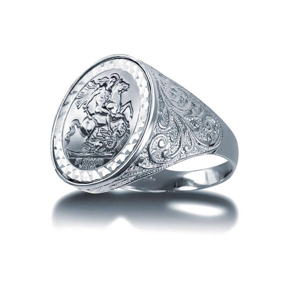 Sterling Silver St George Sovereign-Style Ring With Fancy Carved Shoulders