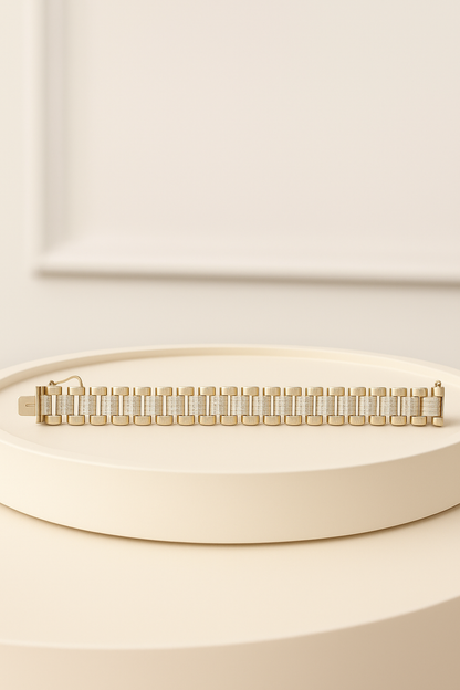 9ct Gold 11mm Presidential-Style Bracelet with Sparkling CZ Stones