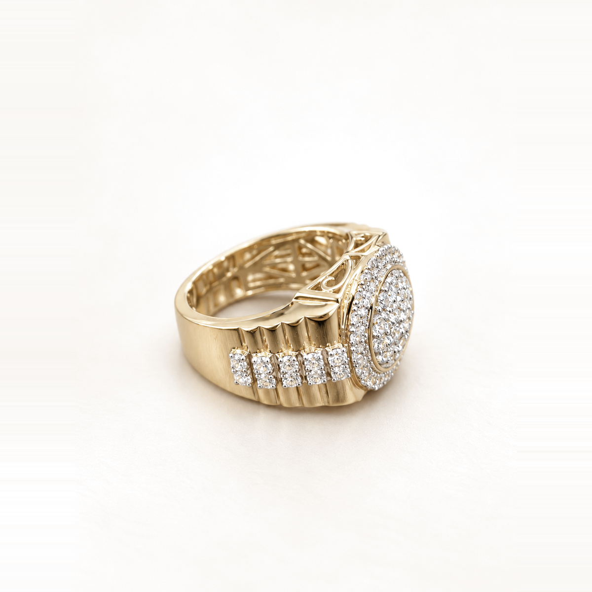 Side view of 9ct gold Presidential Style CZ bezel ring with stone-set shoulders on light ivory