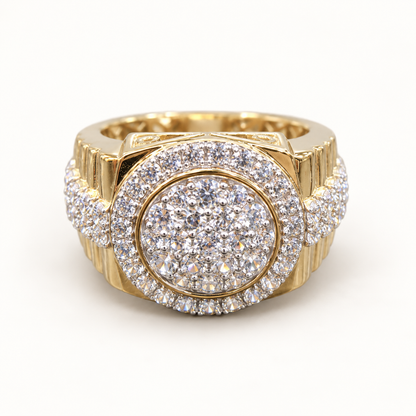9ct gold Presidential style ring with CZ bezel and stone-set shoulders on ivory