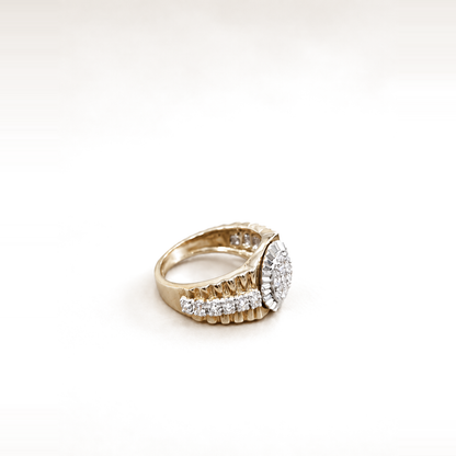 Side view of 9ct gold Presidential Style fluted CZ ring with side stones on light ivory