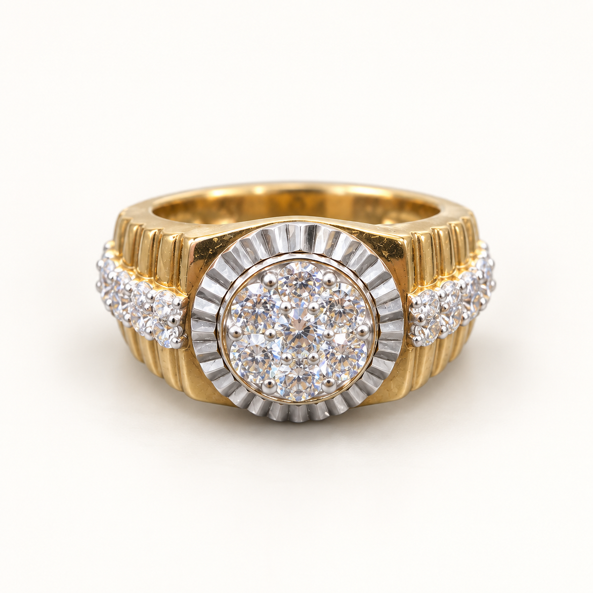 9ct gold Presidential style fluted CZ ring with smaller side stones on ivory