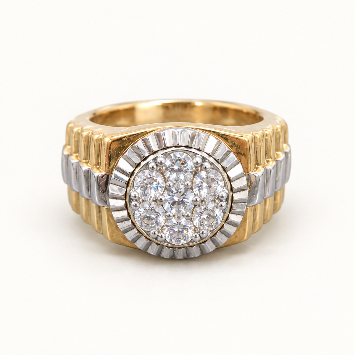 9ct gold Presidential style fluted CZ ring with plain two-tone shoulders on ivory