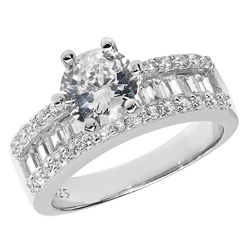 Sterling Silver Single Stone CZ With Baguette Shoulders Ring - G7427