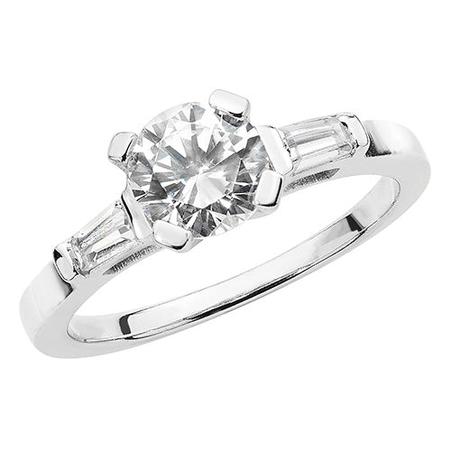 Sterling Silver CZ Solitaire With Baguette Shoulders Ring - G7480