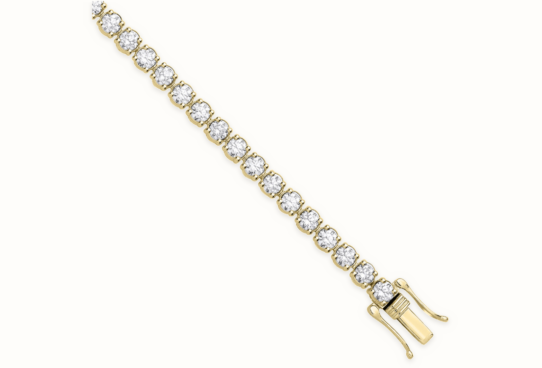 LDGBR005 9ct yellow gold lab-grown diamond tennis bracelet, clasp detail, ivory studio background and soft shadow