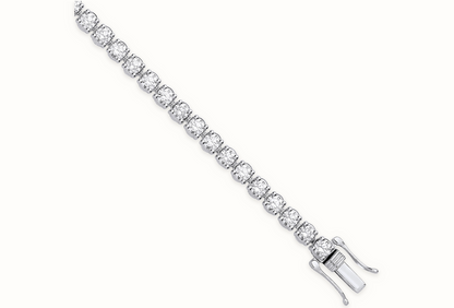 LDGBR005 9ct white gold lab-grown diamond tennis bracelet, clasp detail, ivory studio background and soft shadow