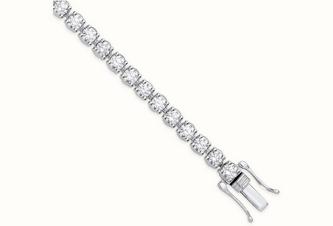 LDGBR006 9ct white gold lab-grown diamond tennis bracelet, clasp detail, ivory studio background and soft shadow
