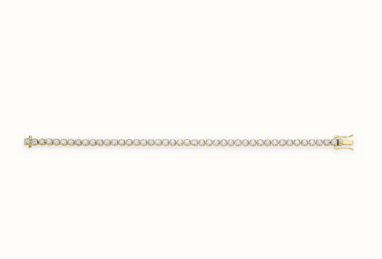 LDGBR007 9ct yellow gold lab-grown diamond tennis bracelet, full view, ivory studio background and soft shadow