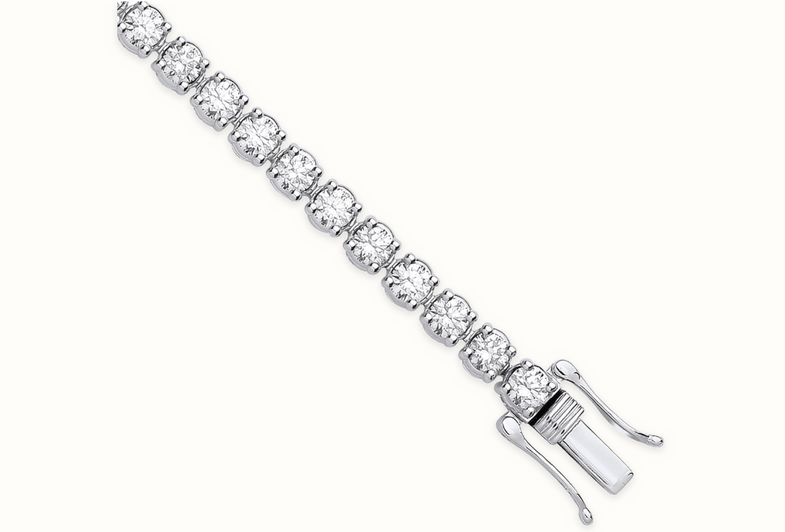 LDGBR007 9ct white gold lab-grown diamond tennis bracelet, clasp detail, ivory studio background and soft shadow