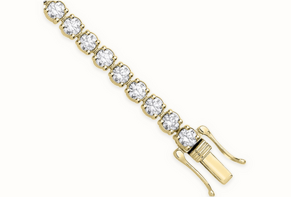 LDGBR008 9ct yellow gold lab-grown diamond tennis bracelet, clasp detail, ivory studio background and soft shadow
