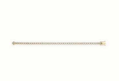 LDGBR008 9ct yellow gold lab-grown diamond tennis bracelet, full view, ivory studio background and soft shadow