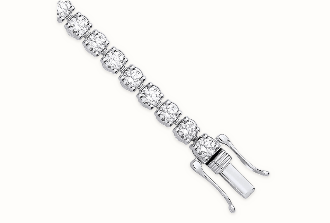 LDGBR008 9ct white gold lab-grown diamond tennis bracelet, clasp detail, ivory studio background and soft shadow