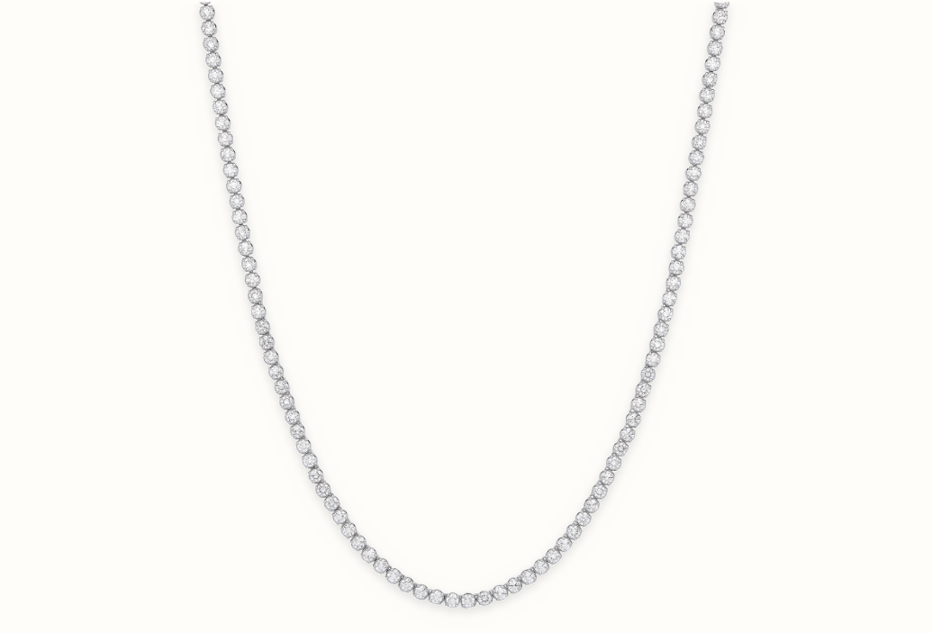 LGDCN001 9ct white gold lab-grown diamond tennis necklace on ivory studio background with soft shadow