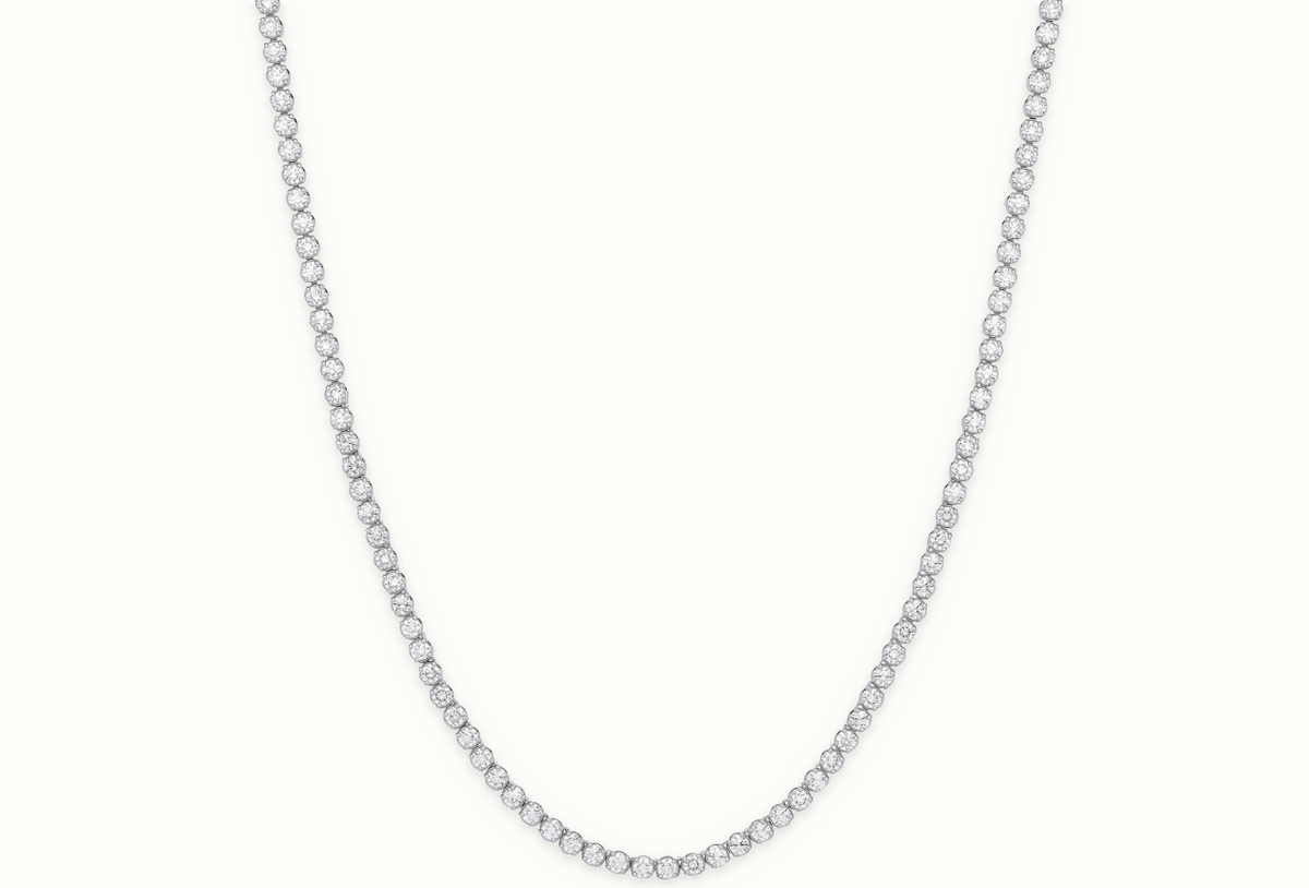 LGDCN003 9ct white gold lab-grown diamond tennis necklace on ivory studio background with soft shadow