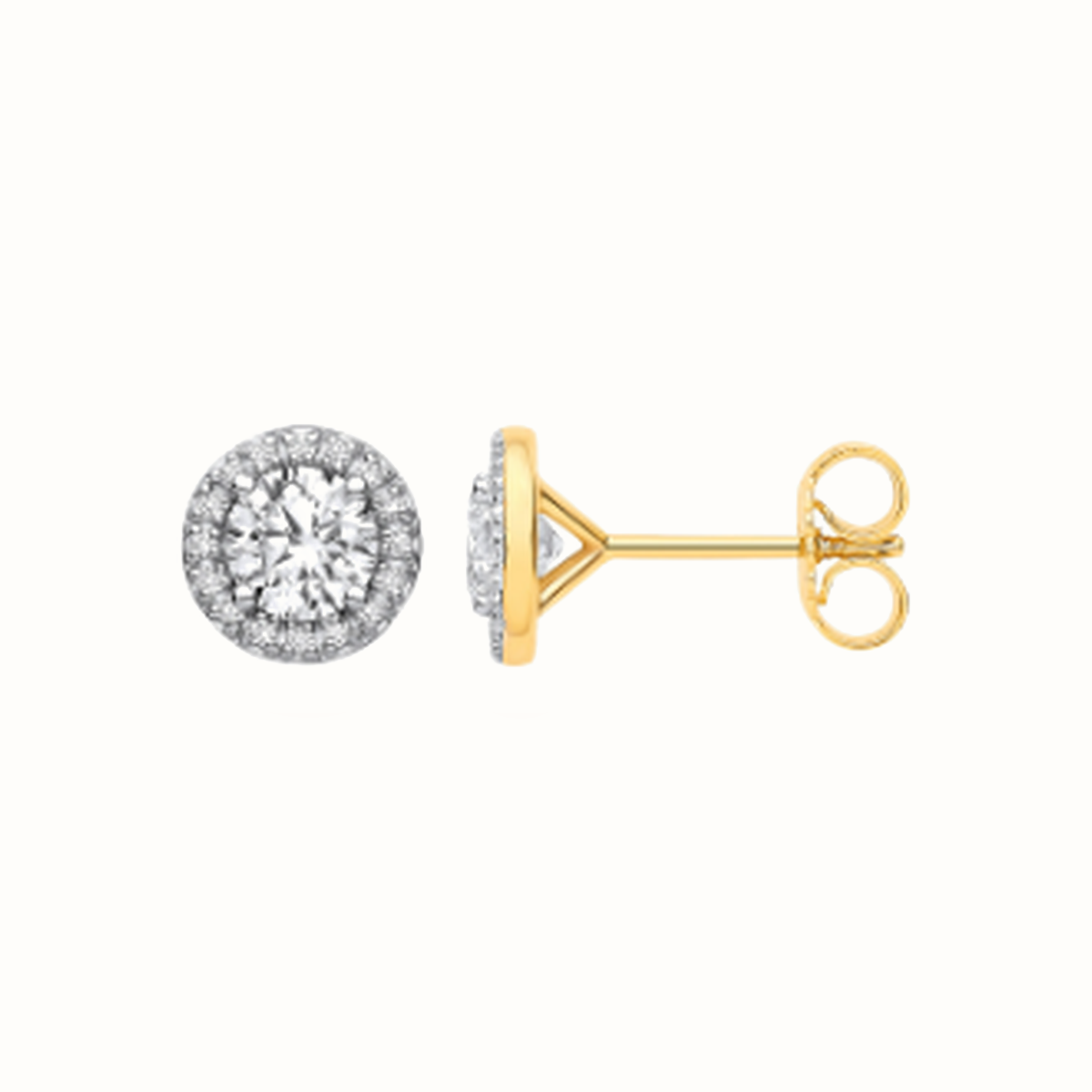 1.16ctw halo lab grown diamond earrings in yellow gold, Delan Jewellers