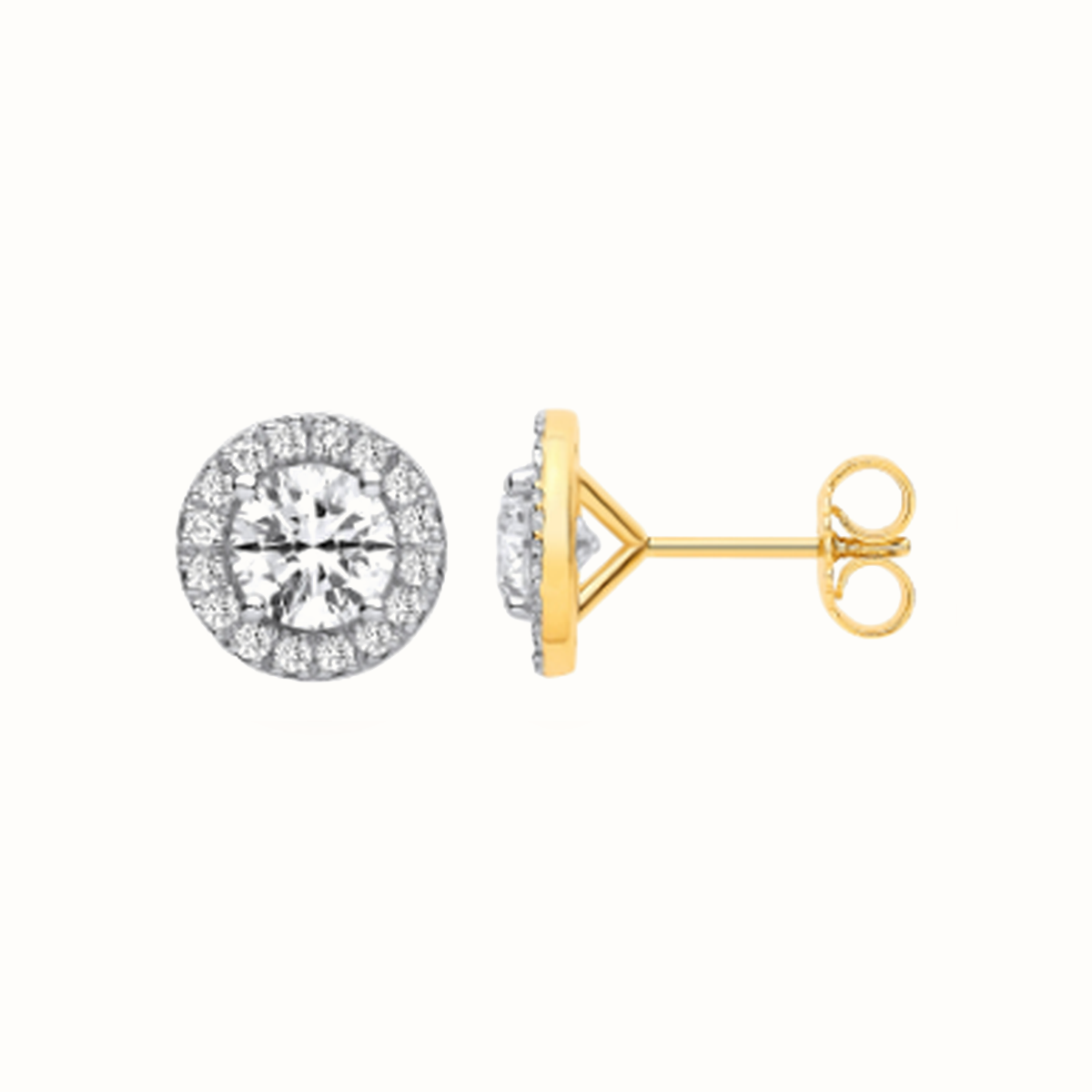 2.38ctw halo lab grown diamond earrings in yellow gold, Delan Jewellers