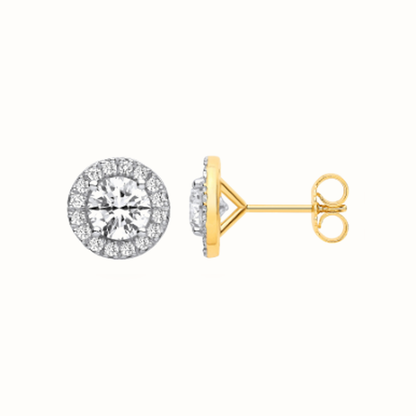 2.38ctw halo lab grown diamond earrings in yellow gold, Delan Jewellers